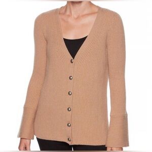 Magaschoni 100% Cashmere Ribbed V-Neck Button Front Cardigan – Camel – Size M